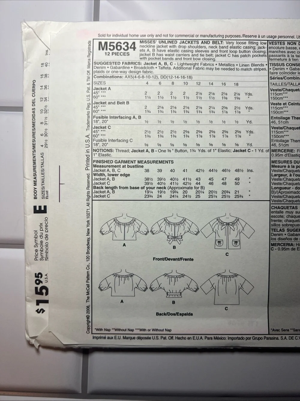 McCall’s M5634 Sewing Pattern Size AX5 Opened Complete